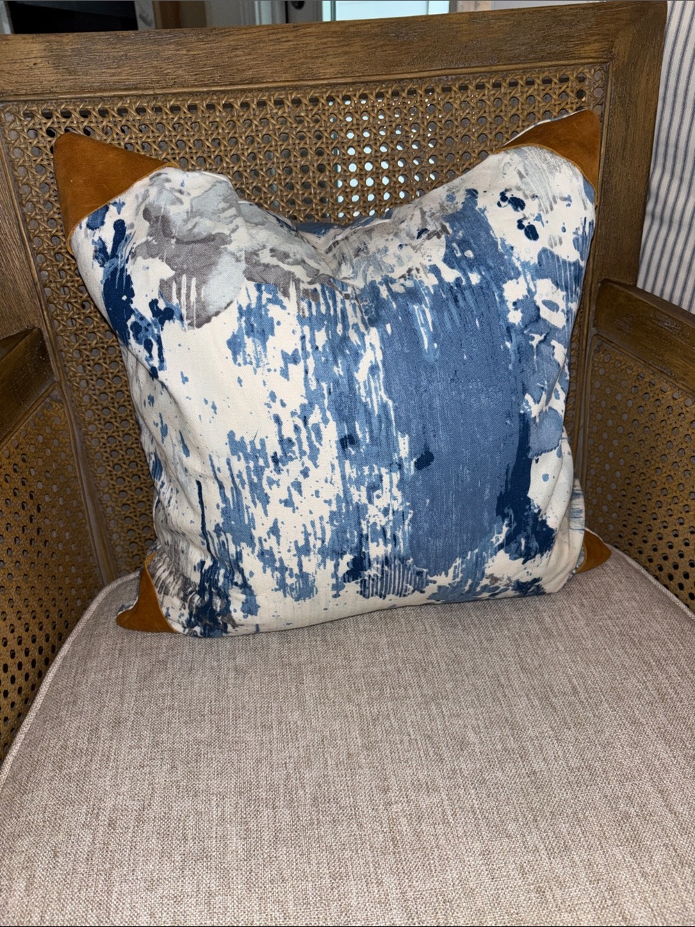 Abstract Blue & White Canvas Pillow cover Tan Leather Corners tie dye 17 x 17